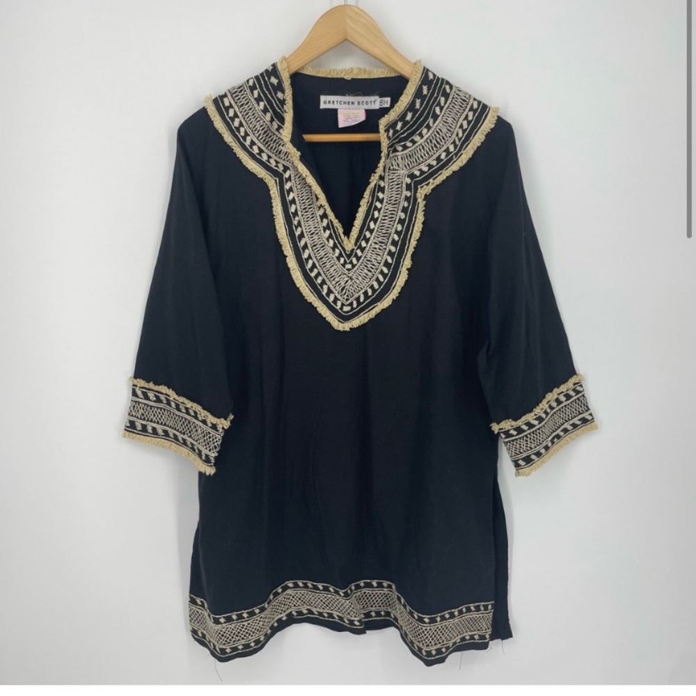 Gretchen Scott Tunic Dress Black beige Embroidery Fringe Size XXL Boho